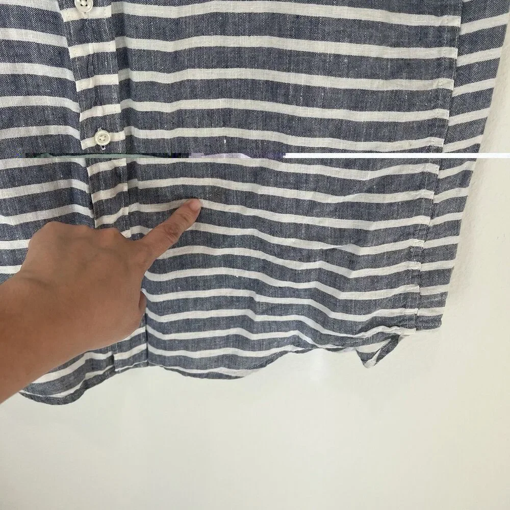 J. CREW 100% Linen Nautical Striped Short Sleeve Button Up Size Large Vacation